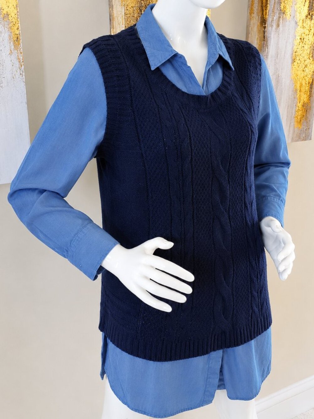 Faded Glory Blue Plus Twofer Sweater with Built-In Collared Shirt SZ L (12-14)